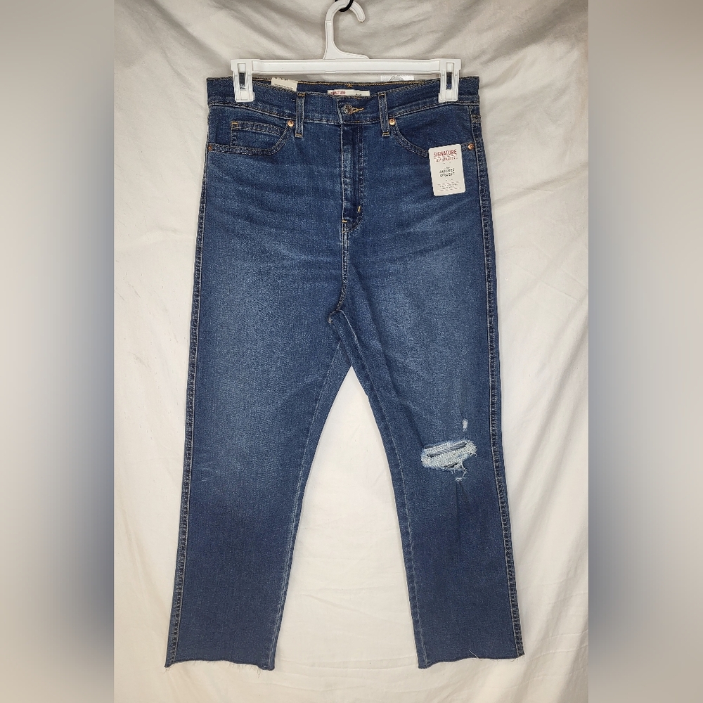 New Levi's Signature High Rise Straight Leg Blue Jeans Sz 12 Raw Hem Dark Wash
